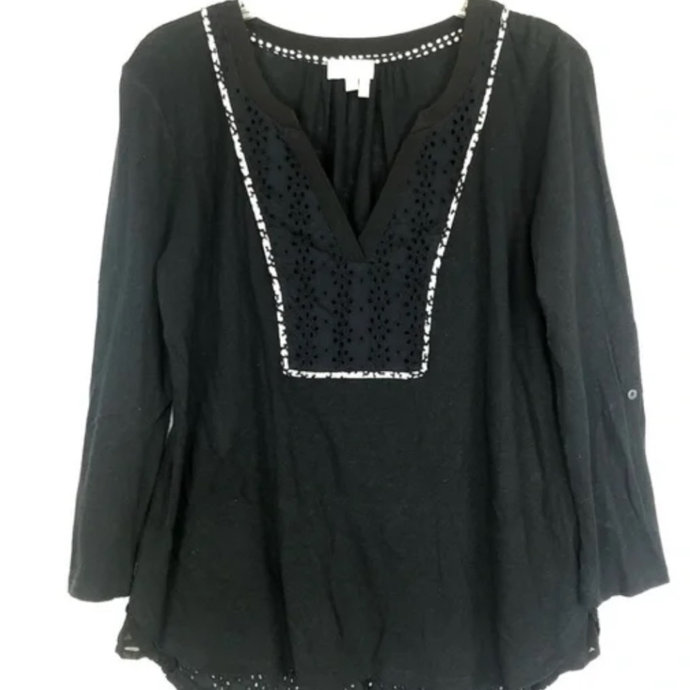 Anthropologie Meadow Rue Mixed Media Black Cotton and Eyelet Long Sleeve Top